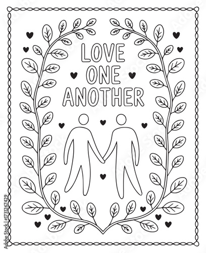 Christian bible verse coloring page with quote love one another and beautiful decoration black line art vector illustration outline coloring book design for kids and adults