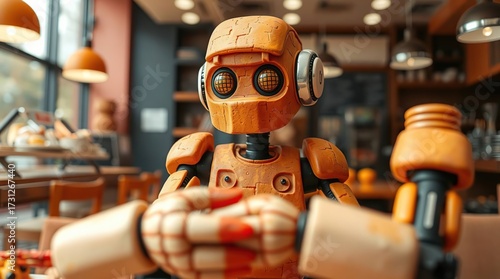 Robot cafe worker with digital art.