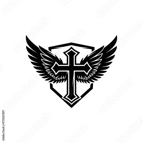 Christian Cross with Wings and Shield Design