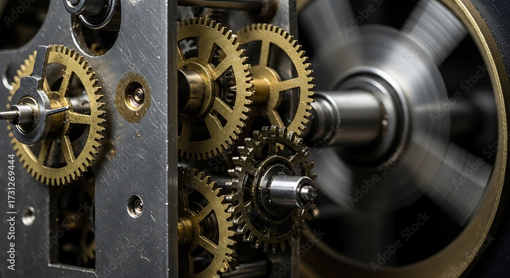 Fototapeta premium Intricate Brass Gears in Motion Close Up