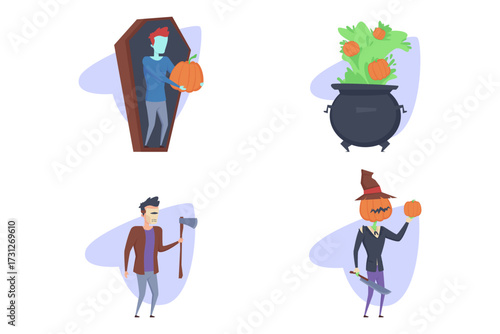 Colorful Halloween set with spooky characters engaging in classic activities