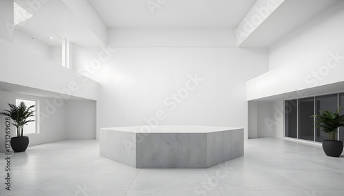 Modern minimalist indoor space with plants and white walls  