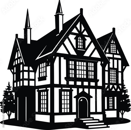 Silhouette of a tudor style house the house is black and white, and it has a lot of windows and a tower on the roof