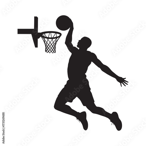 Basketball player silhouette dunking action pose on