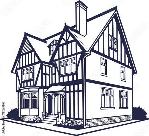 Detailed line art illustration of a tudor style house, showcasing its architectural design and historical charm