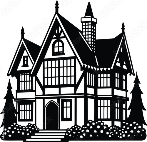 Detailed illustration of a tudor style house, capturing its unique architectural features and historical charm