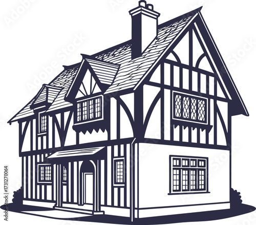 Charming tudorstyle house illustration showcasing its architectural details like timber framing, steep gables, and inviting entrance