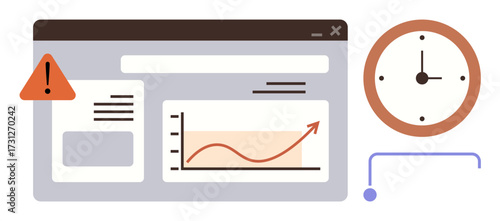 Web dashboard interface with line growth chart, exclamation alert, clock symbolizing timing and deadlines. Ideal for business, analytics, productivity, time management, planning, scheduling