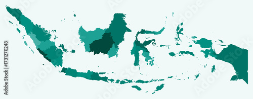 Map of Indonesia with regions. Just a simple country border map with region division. Teal color palette. Flat Indonesia shape with administrative division. Vector illustration.