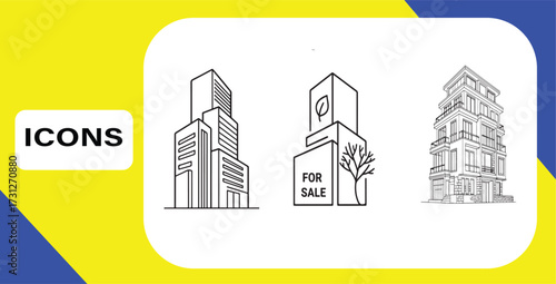 Architectural Icons Collection Featuring Modern Buildings and Real Estate Concepts for Design Projects