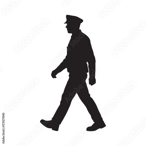Silhouette of a police officer walking profile view