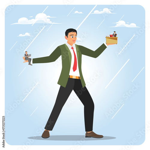 Freelance or salary man routine concept, businessman balance between main work and side hustle.