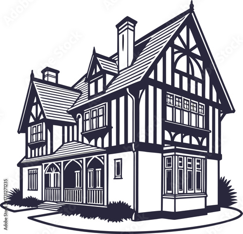 Illustration of a classic tudor style house with detailed architectural elements, showcasing the unique design and charm of traditional english homes