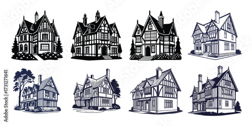 Set of eight tudor style house illustrations in black and white, isolated on white background architectural drawings of vintage english homes