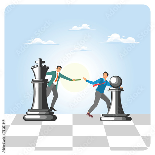 Succession planning concept. A businessman boss on a chessboard hands over a king to his successor.