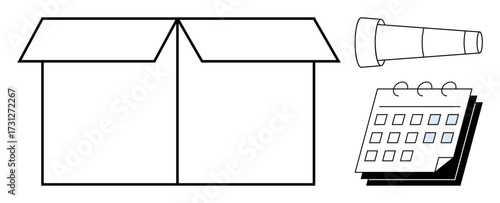 Open box beside telescope and calendar, symbolizing exploration, planning, opportunities, and future. Ideal for creativity, strategy, discovery, vision goal-setting innovation simple flat metaphor