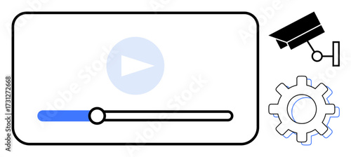 Video player interface with progress bar, play button, surveillance camera, and gear. Ideal for online streaming, media control, video monitoring, security systems, customization tutorials simple