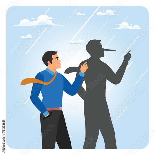 Cheating or hiding the truth concept. Dishonesty businessman lying with Pinocchio long nose shadow.