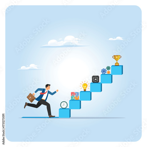 Motivation to succeed concept. Businessman Running Up Staircase Of Progress.