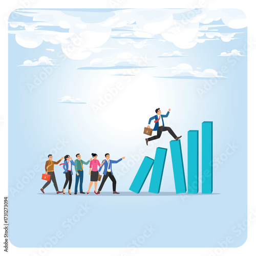 Taking initiative to win business competition concept. Business Team follows a confident leader.