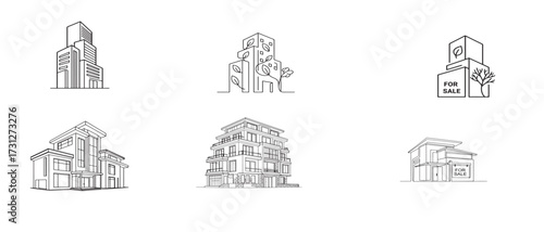 Line art illustration of real estate properties for sale representing diverse housing options