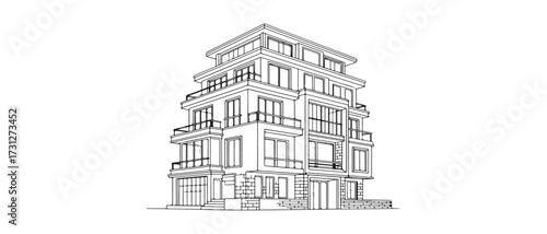 Modern apartment building architectural drawing line art for real estate design and development