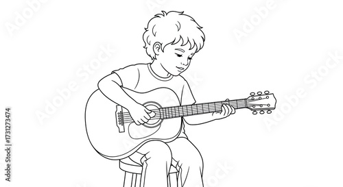 Educational Coloring Sheet Child Playing Acoustic Guitar for Elementary Musical Exploration..jpeg