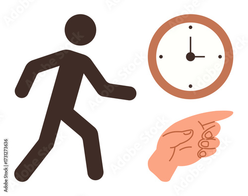 Simplified person walking, clock showing time pressure, and hand pointing toward action or direction. Ideal for time management, deadlines, goals, urgency, productivity decision-making focus. Clean