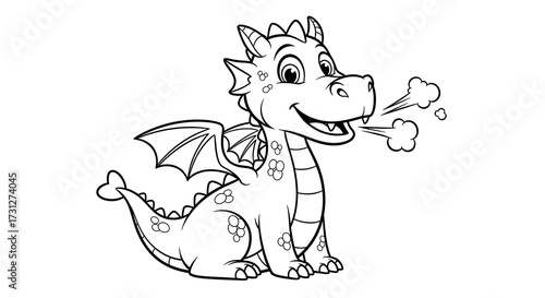 Educational Coloring Sheet Friendly Dragon Breathing Smoke for Kindergarten Mythical Creatures..jpeg
