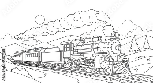  Educational Coloring Sheet Steam Train in Scenic Landscape, Modes of Transport for Elementary..jpeg