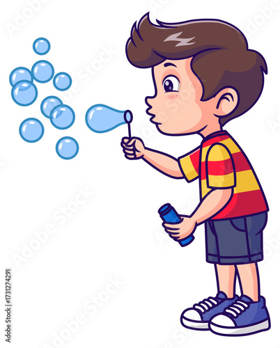 Young boy happily blows bubbles outdoors with a bubble wand and container. Ideal for family activities, childhood, happiness, and summer themes.