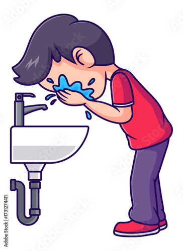 Young boy washing his face at a sink. Suitable for skincare products, hygiene articles, childrens health education materials, websites, posters.