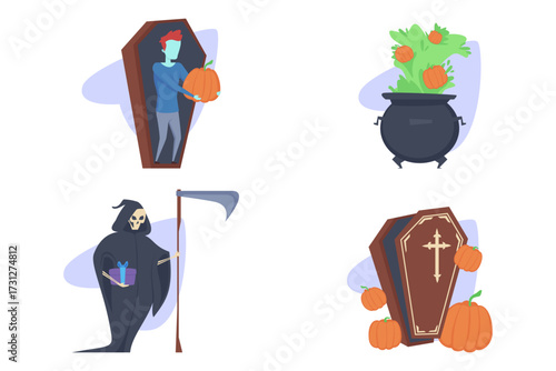 Set of Halloween illustrations with character holding pumpkin, cauldron with plants, grim reaper figure with scythe, and decorated coffins. Fun collection for the festive season