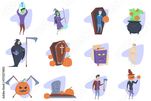 Colorful collection of Halloween characters including witch, grim reaper, mummy, and various spooky items like pumpkins and coffins. Perfect for Halloween festivities or decorations