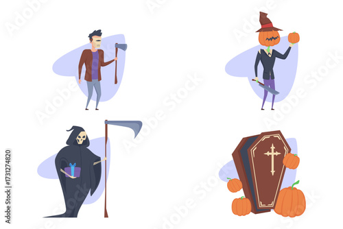 Collection with Halloween-themed characters such as pumpkin head, grim realer, and decorations like coffin. Spooky spirit of Halloween concept