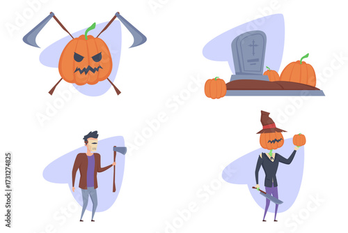 Collection of Halloween themed visuals showing pumpkin with sinister face, graveyard scene with pumpkins, and characters holding axe and knife, creating festive atmosphere