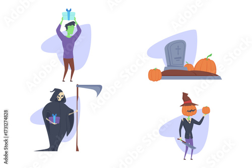 Halloween set with various characters engaging in festive activities. Figure lifting gift, grim reaper holding scythe, while pumpkin figure preparing for fun