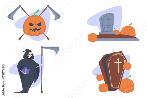 Halloween set of fierce pumpkin with crossed scythes, ghostly figure holding gift, gravestone with pumpkins, and coffin. Perfect for festive decorations and themed events