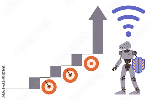 Robot holding shield climbs staircase marked with target icons toward an upward arrow and wireless waves. Ideal for technology, automation, progress, AI development, innovation, connectivity, goal