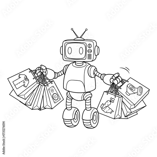 Vector illustration of a retro robot character on a shopping spree, automated consumerism concept