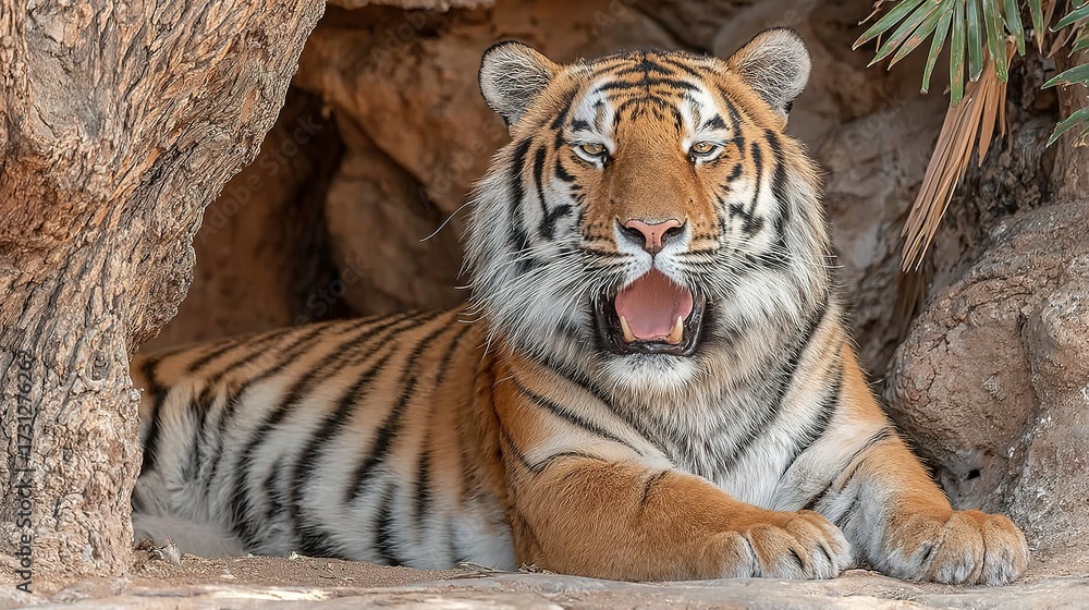 Naklejka premium Tiger resting in a rocky den with green foliage in the background.
