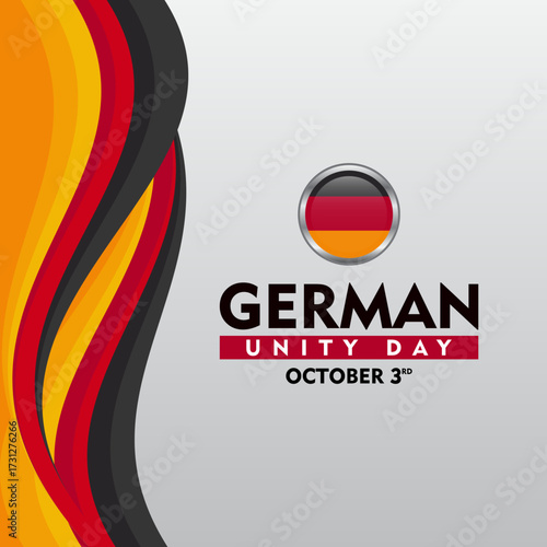 German Unity Day. Celebrated every October 3rd. Design element with waving ribbon flag. Suitable for banner, poster, greeting card, social media