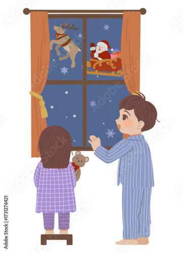 ソリに乗ったサンタクロースを窓から見つめる男の子と女の子のイラスト