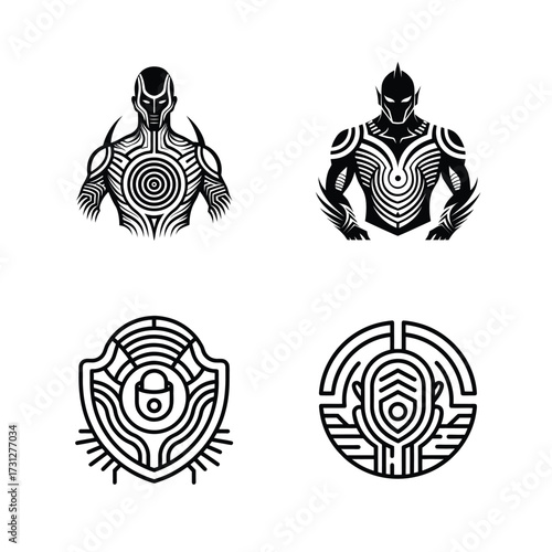 Set of 4 Biometric Tattoo Vector Illustrations – Futuristic Digital Identity and Cyber Body Art Design on White Background