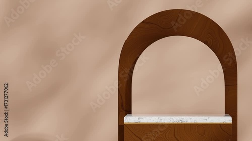 3d render footage mockup template of marble and wood podium seamless shadow animation looping with gold accent and brown wall