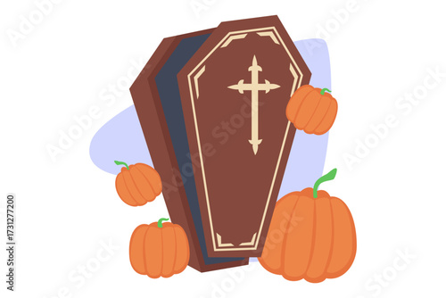 Spooky Halloween display with wooden coffin surrounded by bright orange pumpkins. Holiday decor concept