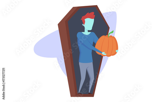 Person with blue skin standing in coffin holding large orange pumpkin. Halloween theme, perfect for festive celebrations