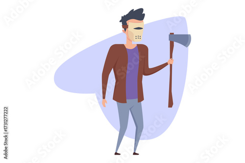 Person dressed for Halloween standing confidently, holding axe. He wearing mask and brown jacket. Festive season concept
