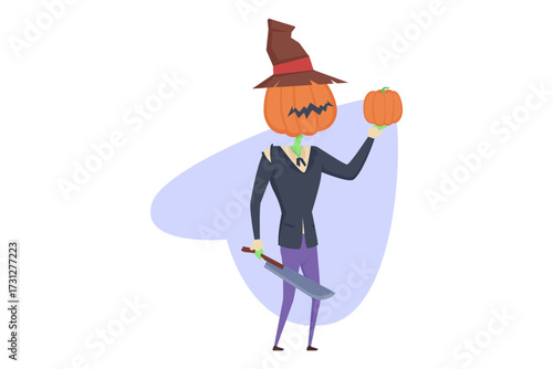 Whimsical character with pumpkin head wearing tall hat and suit. In one hand, it holding small pumpkin while gripping knife in other