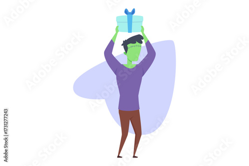 Cartoon character inspired by Frankenstein standing happily with wrapped gift above his head. Halloween celebration concept